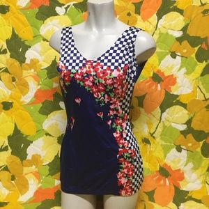vtg navy blue floral one piece bathing suit small